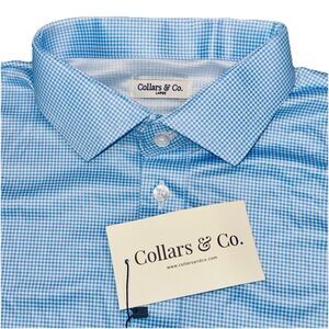 Collars & Co Polo Shirt Mens Large Blue Houndstooth Golf Preppy Dress Collar NWT